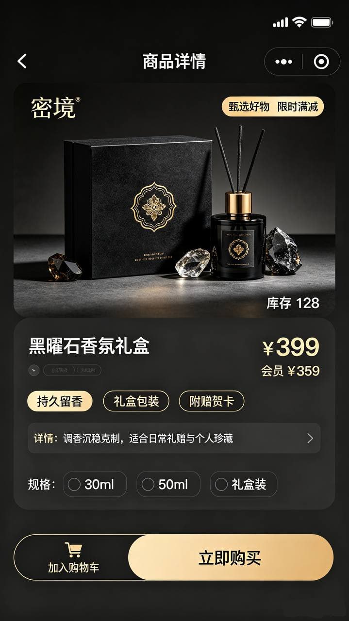 商品详情页，黑曜石香薰礼盒